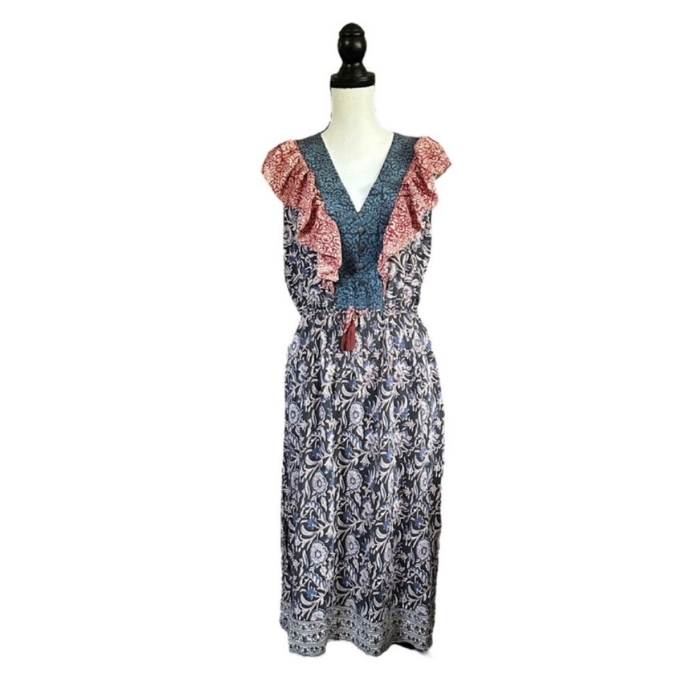 SEA New York Mixed Print Silk Flutter Sleeve Midi Dress Floral Boho Chic Size 8